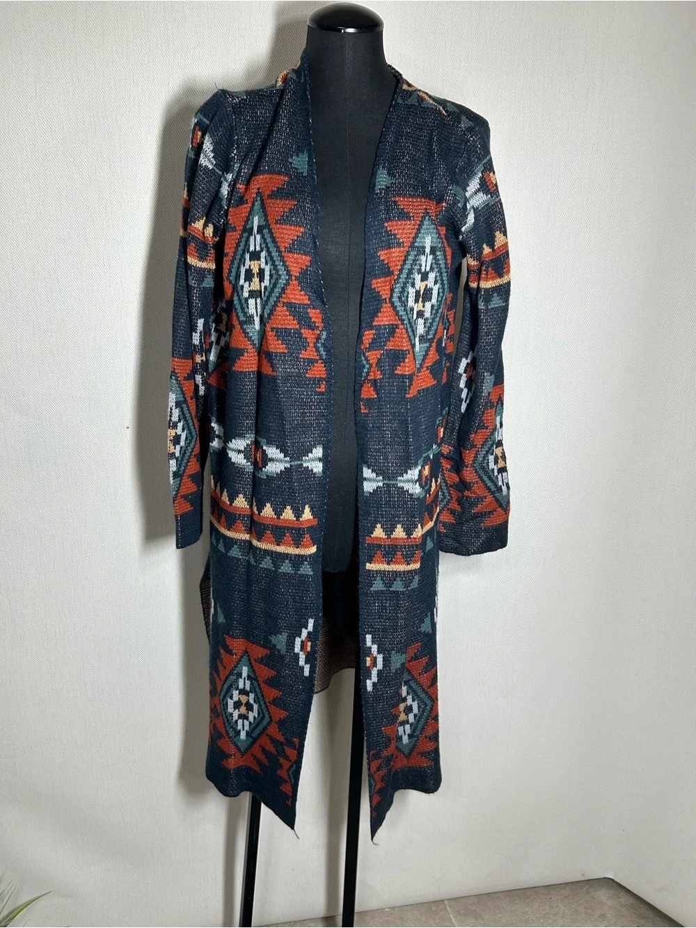 ROCK ROLL Size L Open Front Aztec Pattern Long Cardigan Sweater - Navy Rust